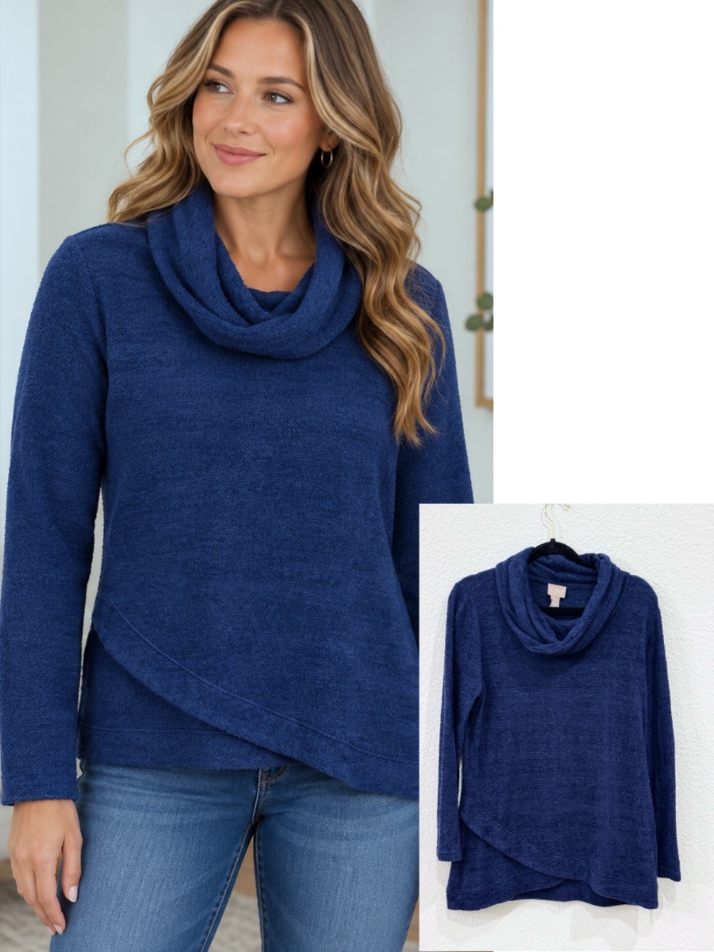 𝘾𝙝𝙞𝙘𝙤'𝙨 Sweater Size 1 Navy Blue Cowl Neck Cozy Knit Soft Stretchy